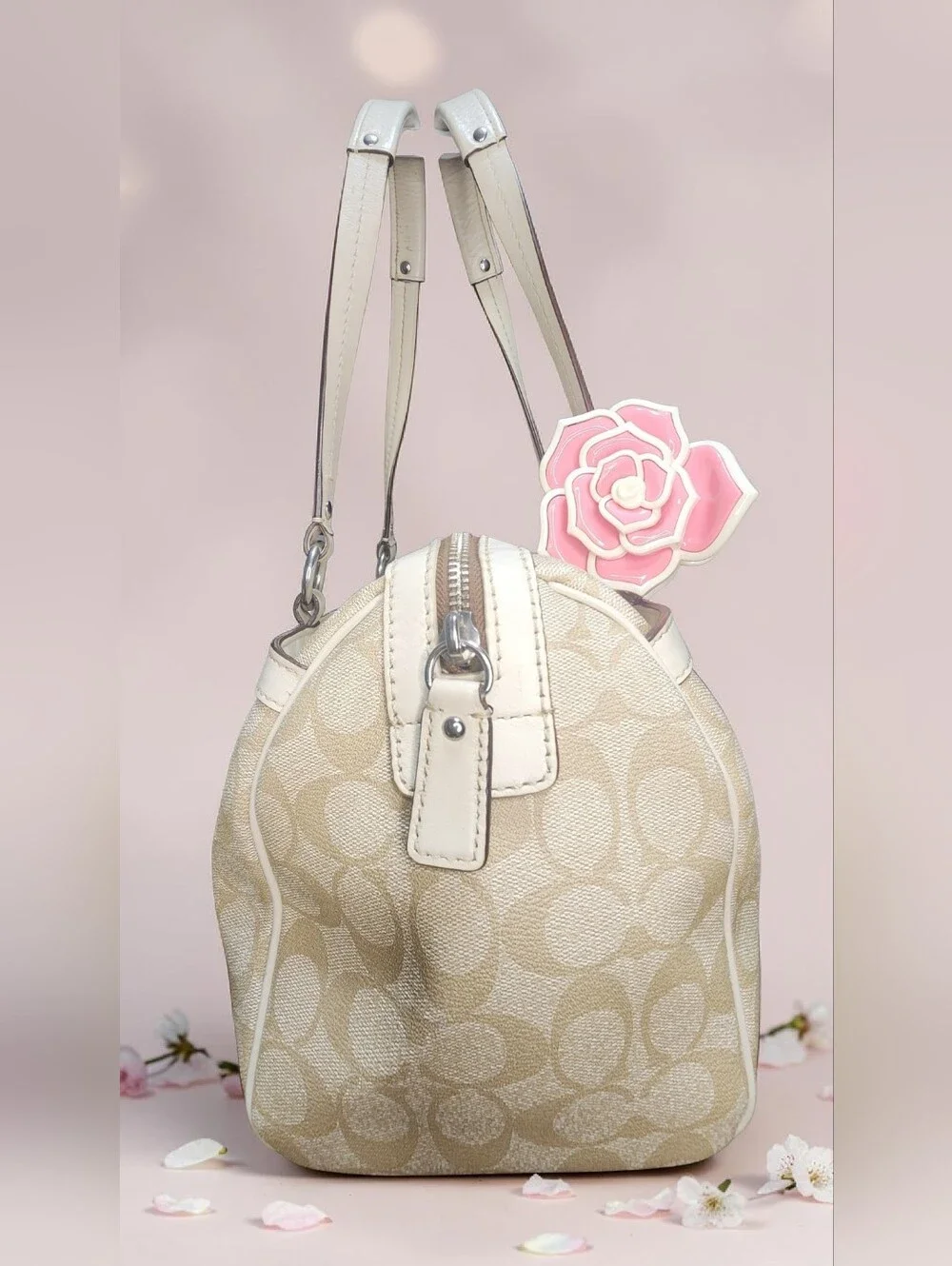 Coach Beige Signature Satchel with Pink and White Stripes
